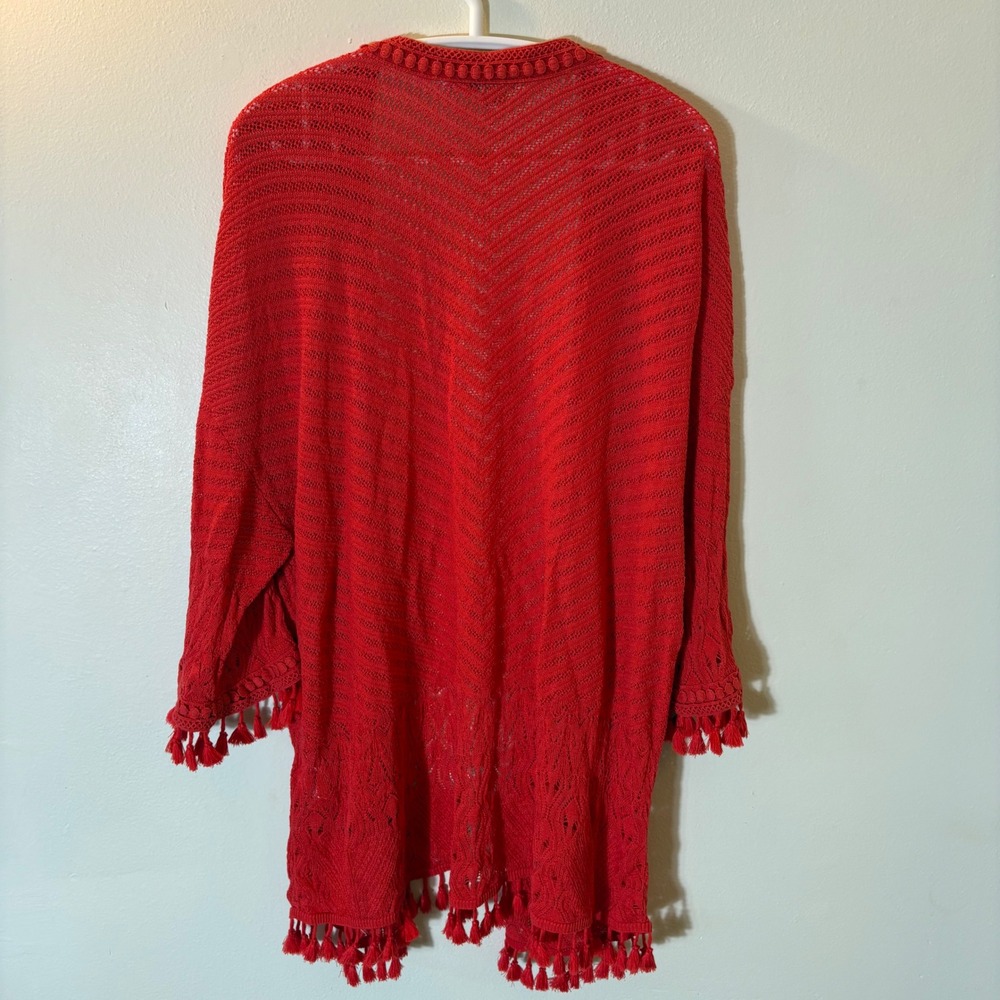 Chicos Red Chevron Pointelle Open Front Tassel Cardigan Sweater Size XXL - Picture 6 of 7